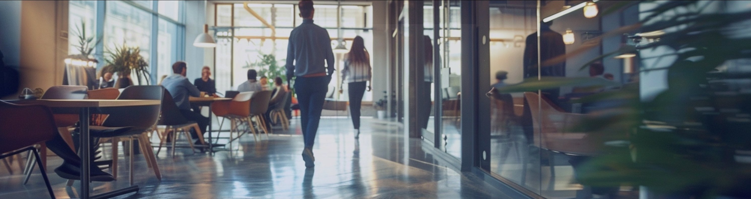 Two people walking through an office environment