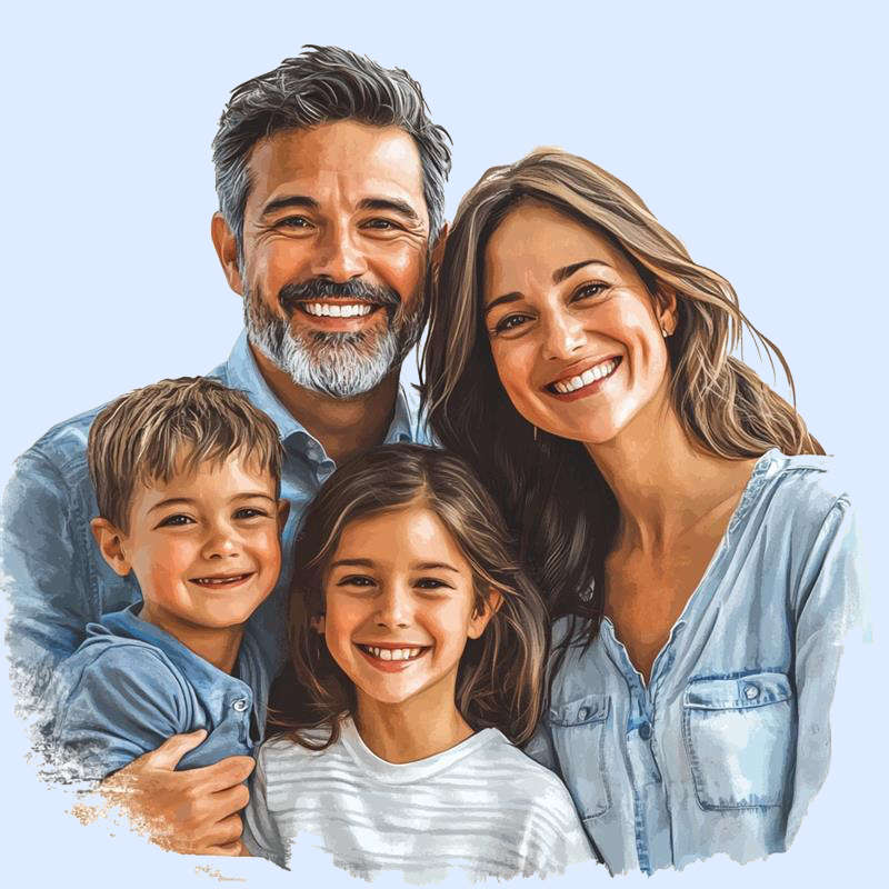 Family portrait of woman on left, child in the middle and man on the right.